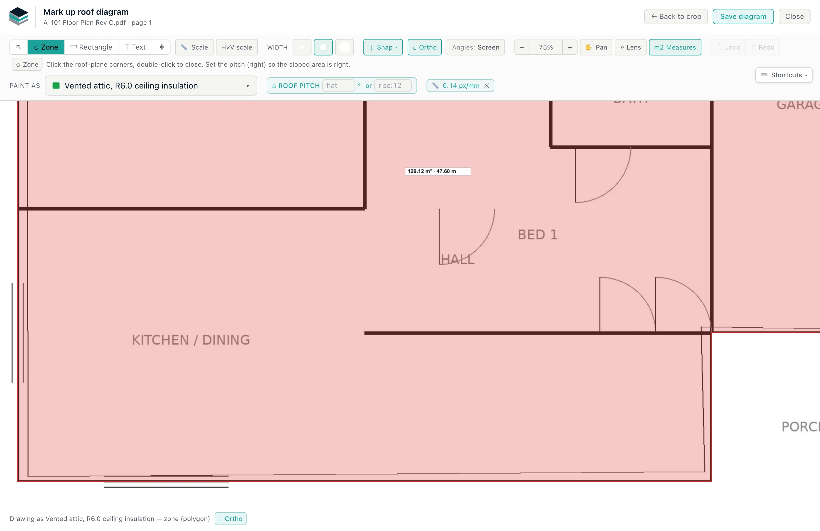 The plan take-off canvas: a traced roof zone, the toolbar, and the "Paint as" assembly selector.